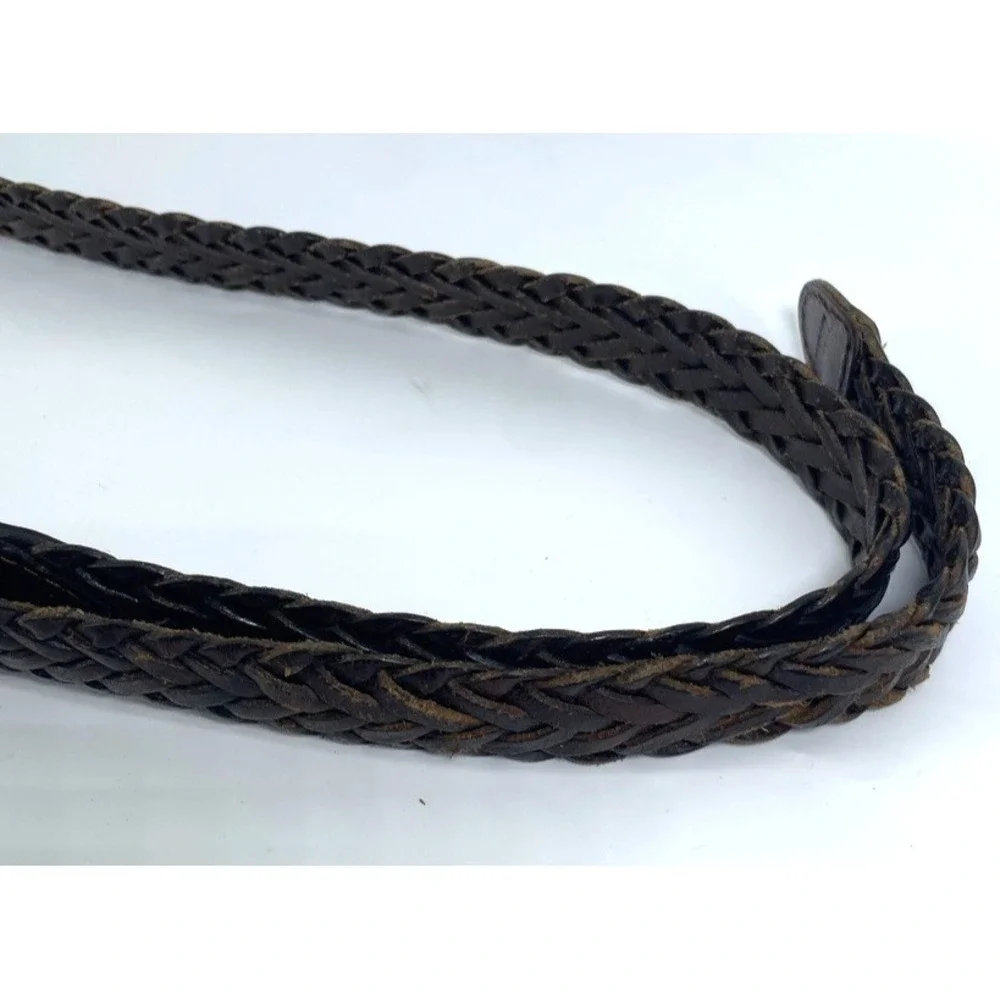 Vtg Braided Genuine Leather Belt XL 42-44 Brown Woven Brass Buckle‎ Boho Skinny